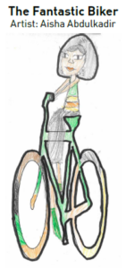 Girl riding a green, yellow, and orange striped bike.