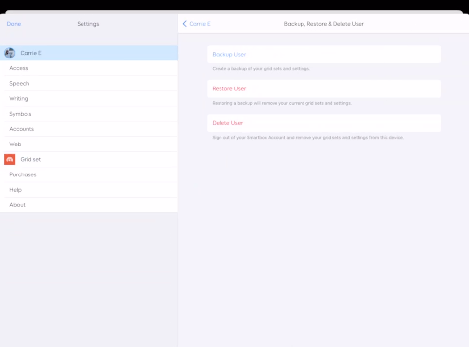 Screen shot of Grid for iPad showing the options in Backup, restore, and delete user 