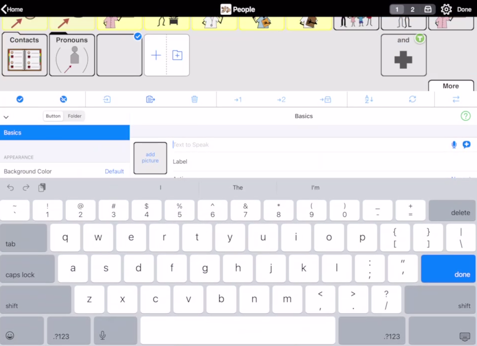 Screen shot of Proloquo2Go showing edit mode adding a button