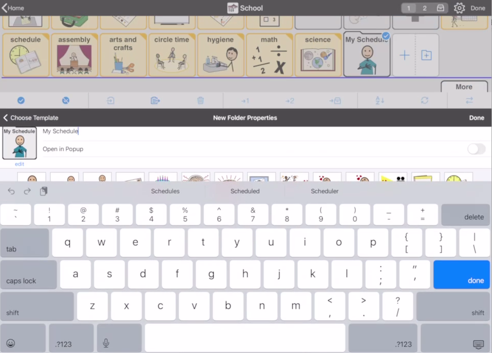 Screen shot of Proloquo2Go showing typing name for new folder