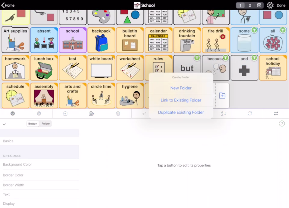 Screen short of Proloquo2Go showing the choices for adding a new folder in edit mode