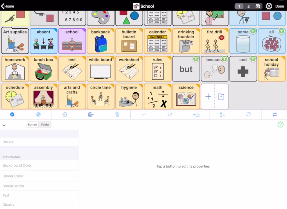 Screen shot of Proloquo2Go showing Edit Mode in the School folder