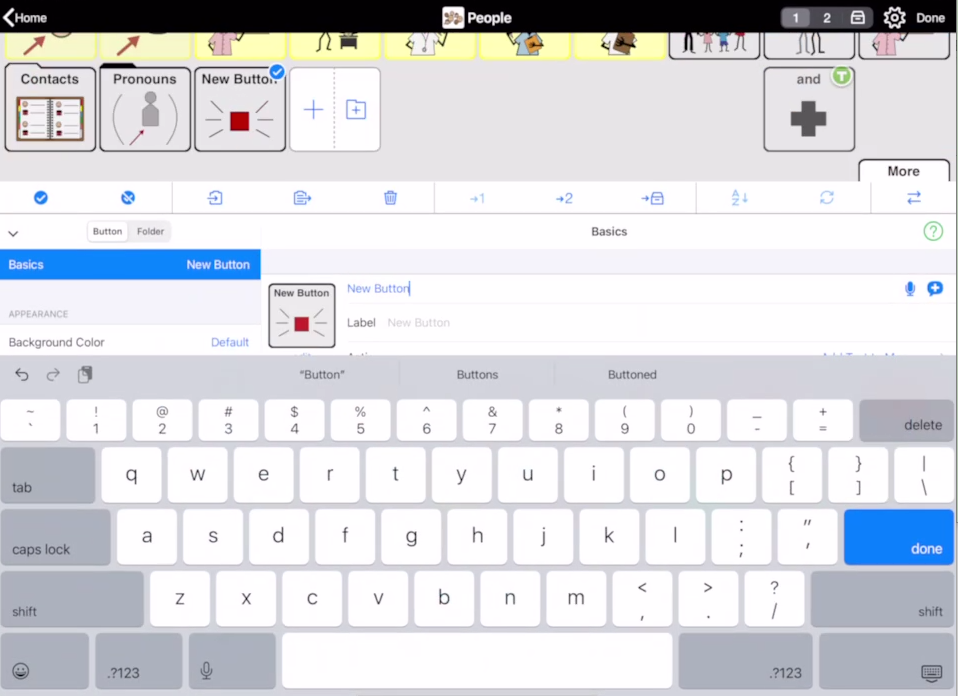 Screenshot of Proloquo2Go showing typing in a label for a new button