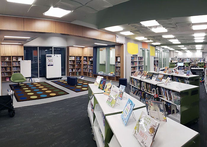a library with a story area