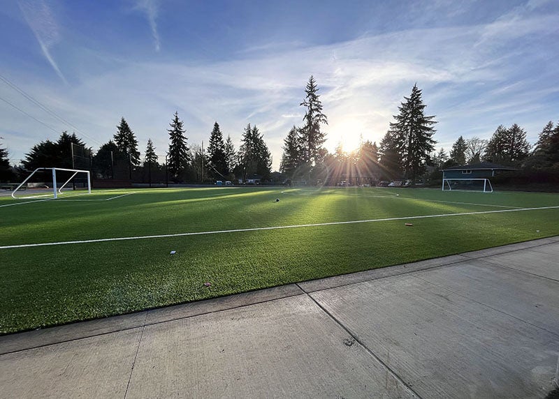 a green grass playfield with a concrete walkway