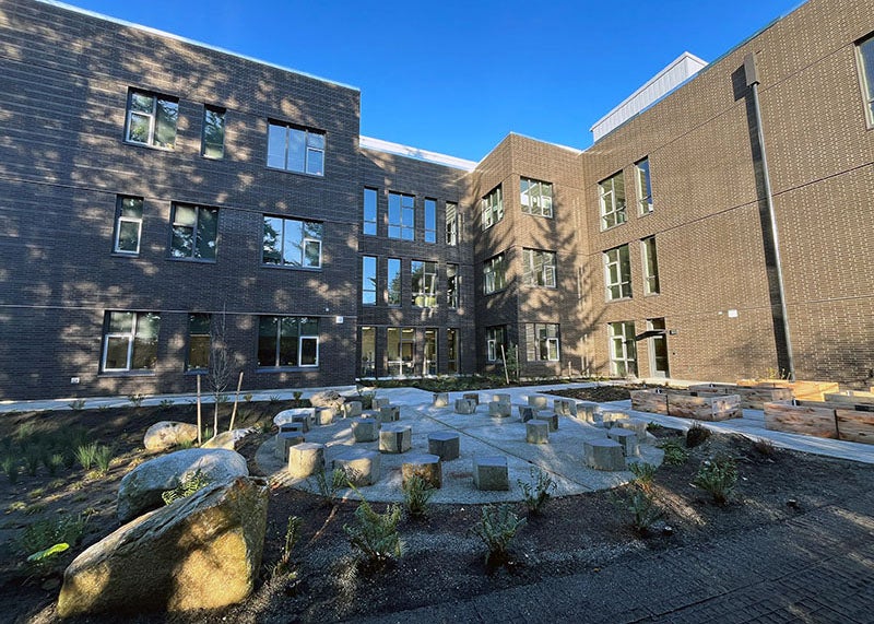 an outdoor area has blocks on a paved area, large rocks, and some plants. A large building with windows is behind it.