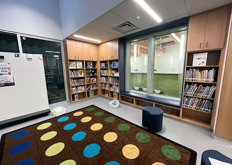 a space with a rug and bookshelves