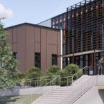 architect's drawing of the exterior of a modern school building with a walkway