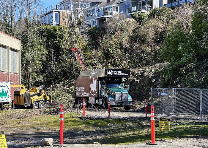 a truck labeled "Seattle Tree Care" sites next to a slop with vegetation and houses above. A machine arm is visible reaching for vegetation