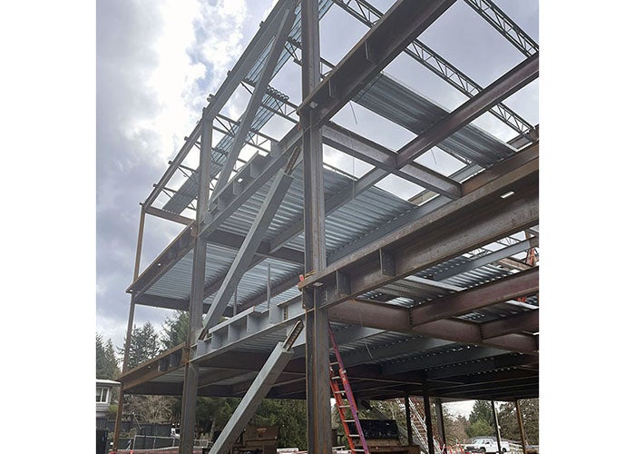 Steel structure of columns and beams under construction