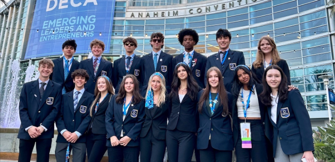 Students standing in front of Anaheim Convention Center