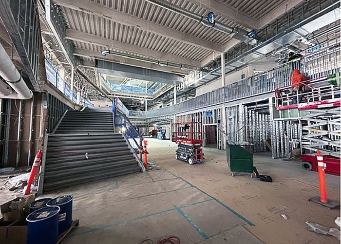 interior of a large stairway going up ina large open space