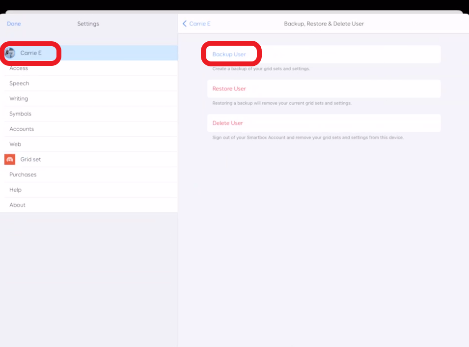 screen shot of backup options in settings in Grid for iPad
