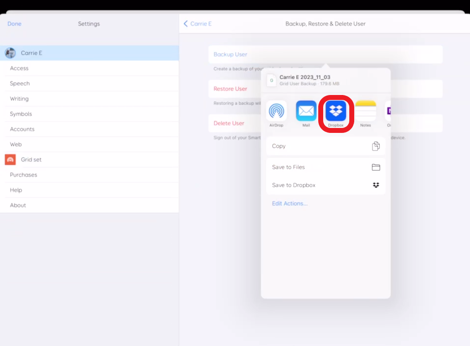 Backup User pop up in Grid for iPad Settings