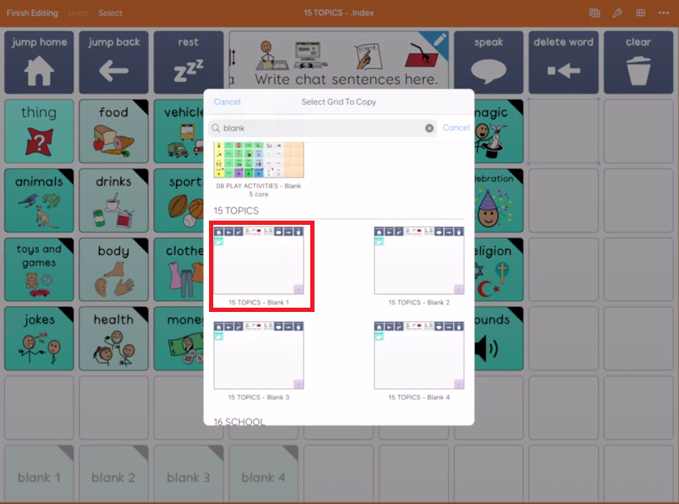 screen shot of editing in Grid for iPad showing the search pop up for adding a jump with a template outlined in red