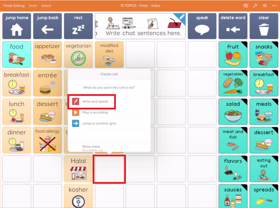 Screen shot of editing in Grid for iPad with button action write and speak outlined in red
