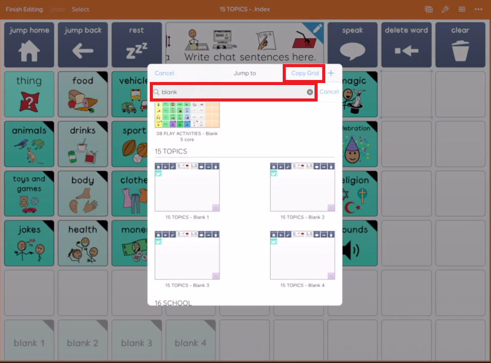screen shot of editing in Grid for iPad showing search for templates for adding a jump