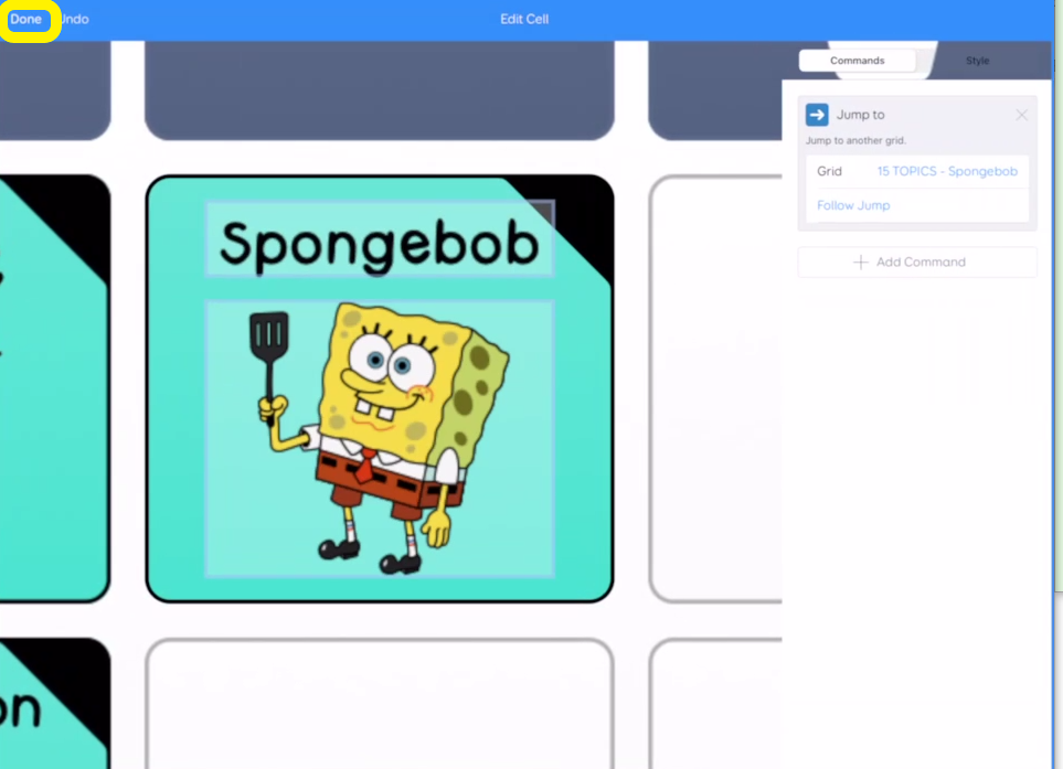 screen shot of editing a new jump cell in Grid for iPad with done in the top left corner outlined in yellow