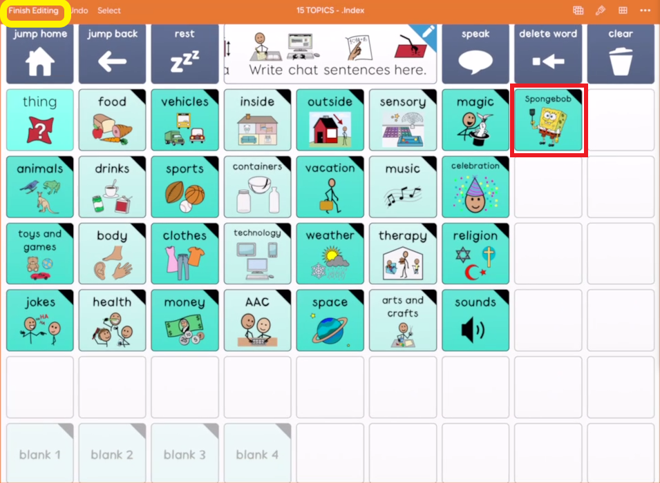 screen shot of editing in Grid for iPad with Finish Editing outlined in yellow in the top left corner 