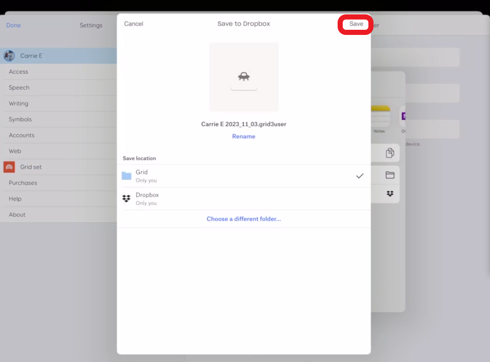 scrreen shot of Dropbox backup pop up in Grid for iPad Settings