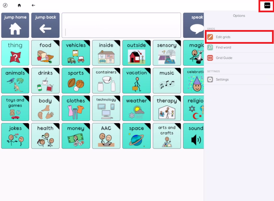 screen shot of Grid for iPad options drop down with edit grids outlined in red 