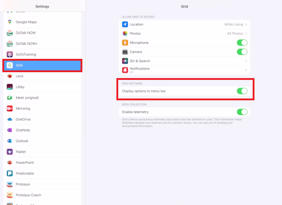 screen shot of Grid iOS settings with show options in menu bar toggled on