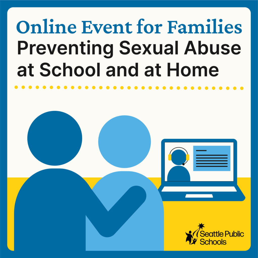 Online Event for Families Preventing Sexual Abuse at School and at Home graphic of a family watching a laptop
