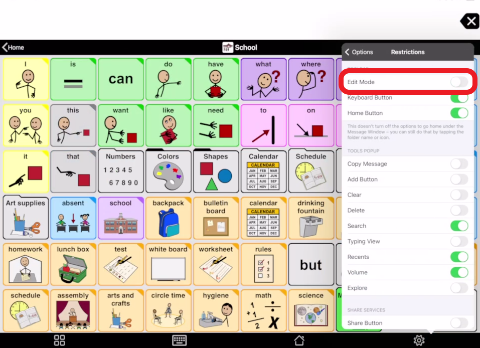 screen shot of Proloquo2Go settings in Restrictions with edit mode toggled off