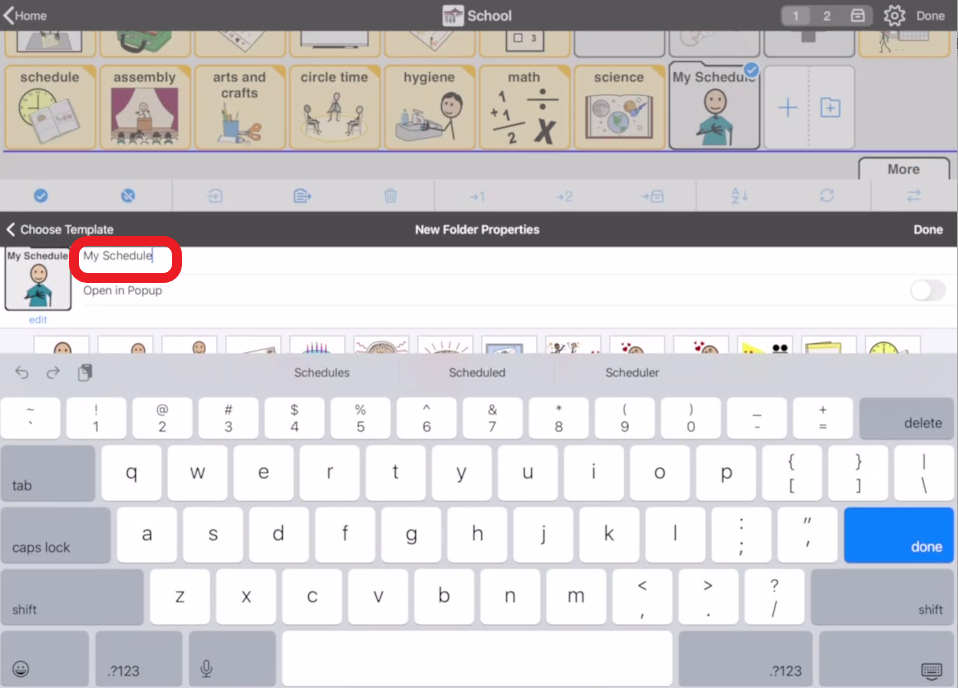 screen shot of Proloquo2Go in edit mode typing the name of the new folder