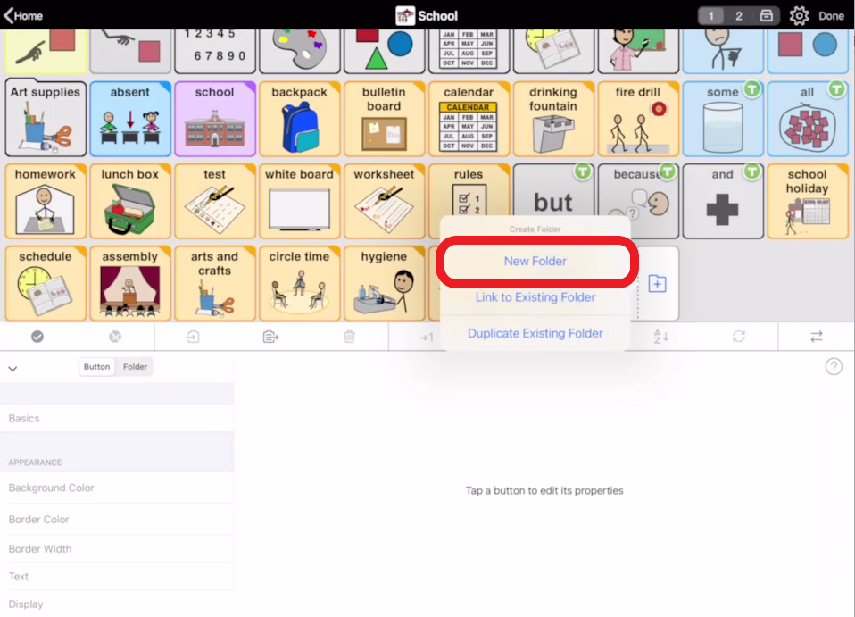 screen shot of Proloquo2Go in edit mode with New Folder action highlighted in red outline