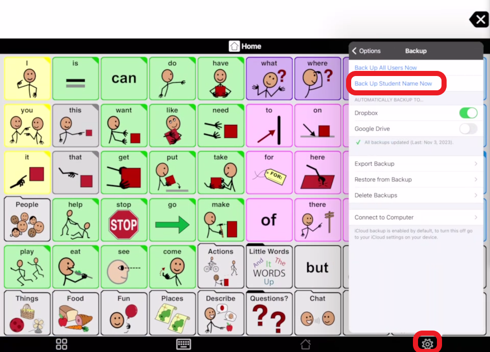 screen shot of backup menu in settings in Proloquo2Go