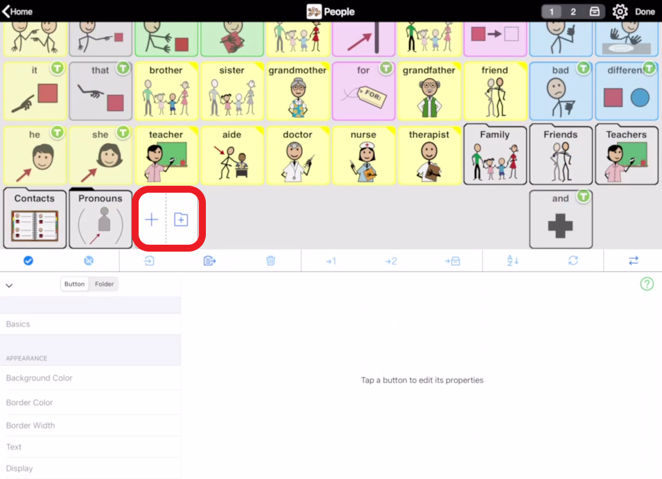 screen shot of Proloquo2Go in edit mode with the add new button action highlighted in red outline