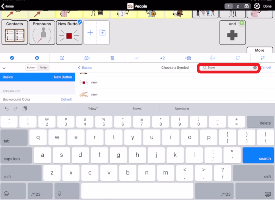 screen shot of edit mode on new button in Proloquo2Go with search for symbol highlighted in red outline