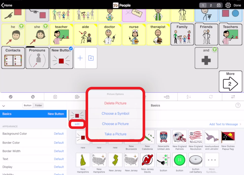 screenshot of Proloquo2Go in edit mode with options for adding an image to a button