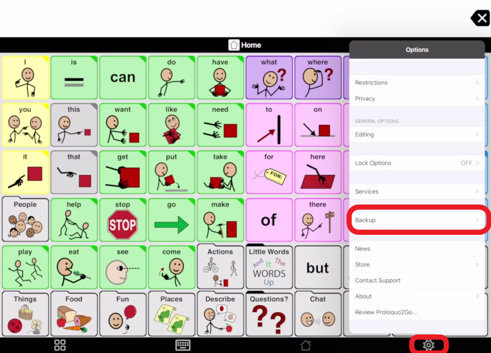 screen shot of Proloquo2Go settings with Backup highlighted in red outline