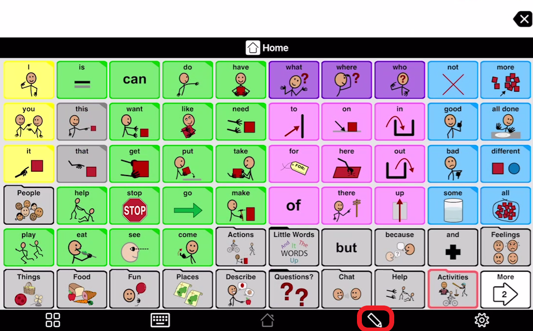 screen shot of Proloquo2Go with pencil icon highlighted in red outline