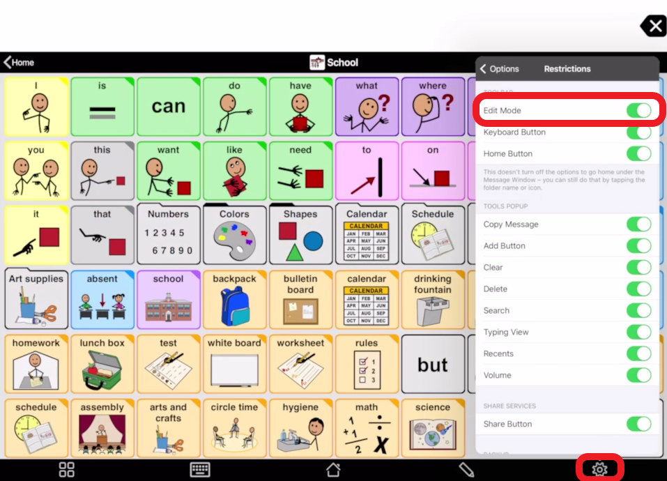 screen shot of Proloquo2Go settings under restrictions with Edit Mode toggled on