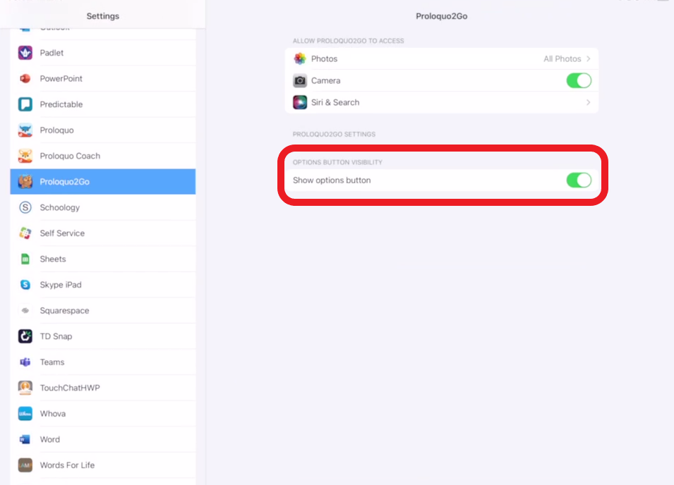 screen shot of iPad Settings for the app Proloquo2Go and toggling on show options button