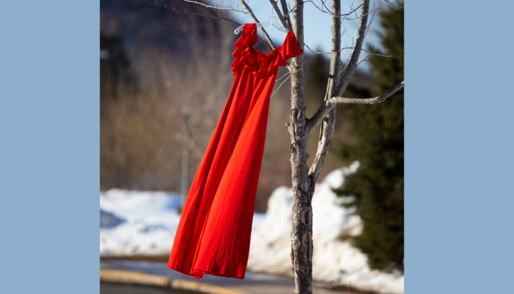Photo of a red dress hanging from a tree