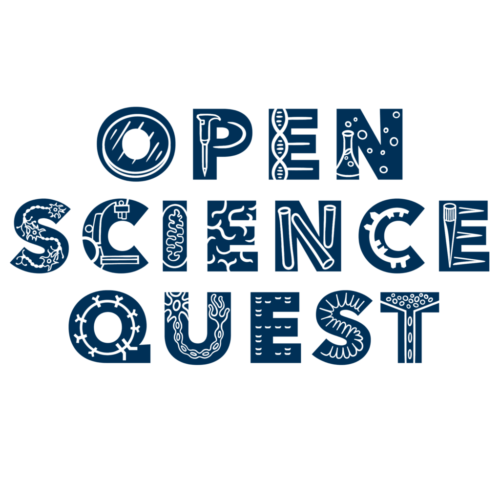 Logo with OPEN SCIENCE QUEST on it in navy blue with various cellular and biological structures contained within the letters in white