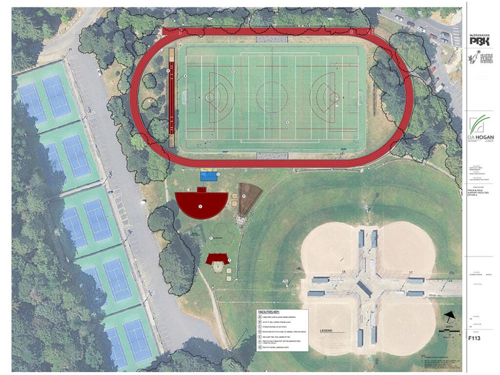 aerial photo of a park with a oval running track and other shapes placed over the image