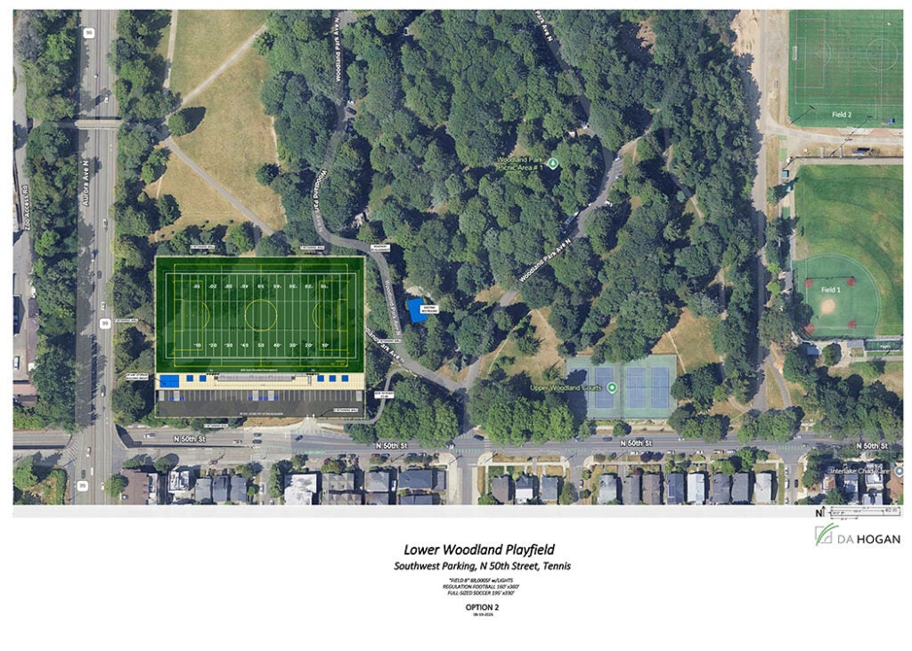 aerial of a wooded park with playfields surrounded by streets. A football/soccer field is imposed on top of the photo.