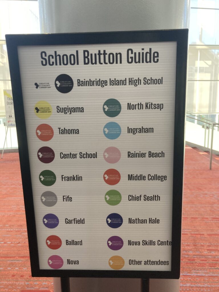 List of schools attending creative economy career day with various colors of buttons