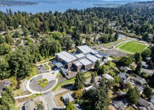 aerial view of entire campus with lake and trees above