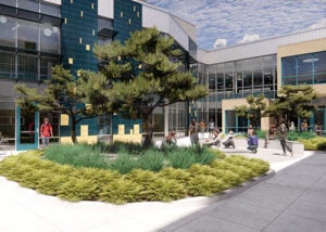 a courtyard in the corner of two wings of a building with plantings, seating, and fake people