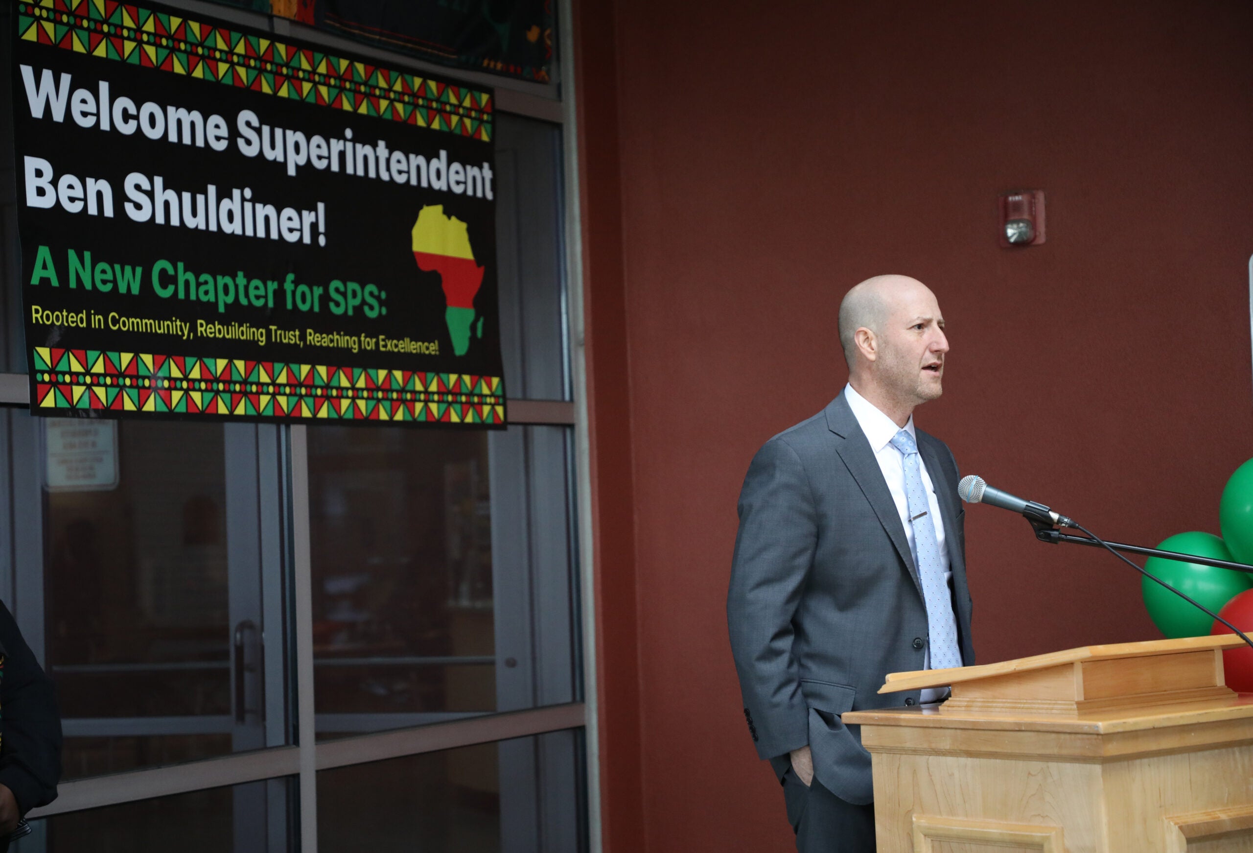 Seattle Public Schools Superintendent Ben Shuldiner addresses the crowd during the Black History Month flag raising ceremony on February 2, 2026, at the John Stanford Center for Educational Excellence.