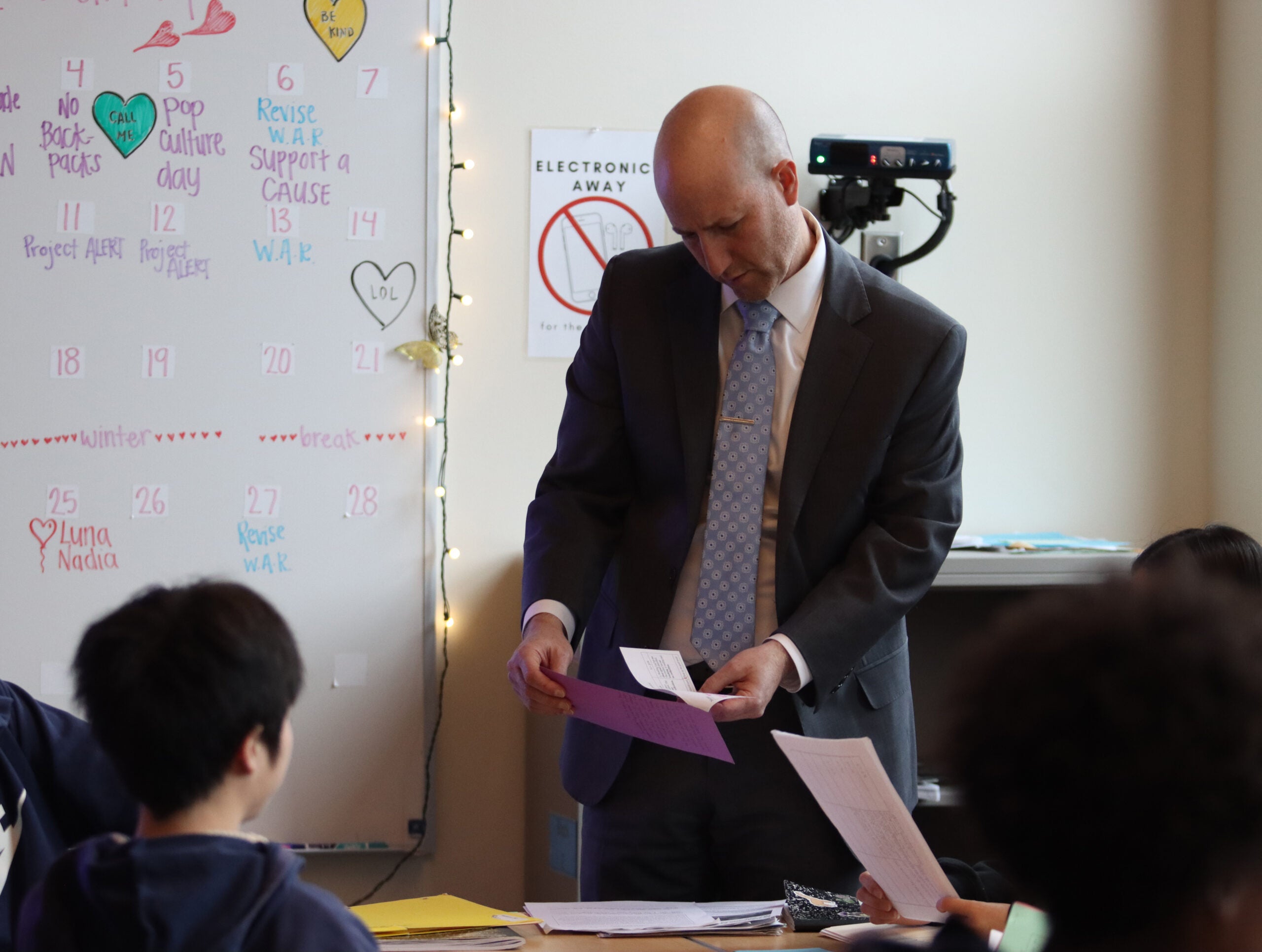 Seattle Public Schools Superintendent Ben Shuldiner visits a Spanish class at Mercer International Middle School on February 2, 2026. On his first day as the district's new leader, Shuldiner spent the day meeting students and staff and raising the Pan-African flag in celebration of Black History Month.