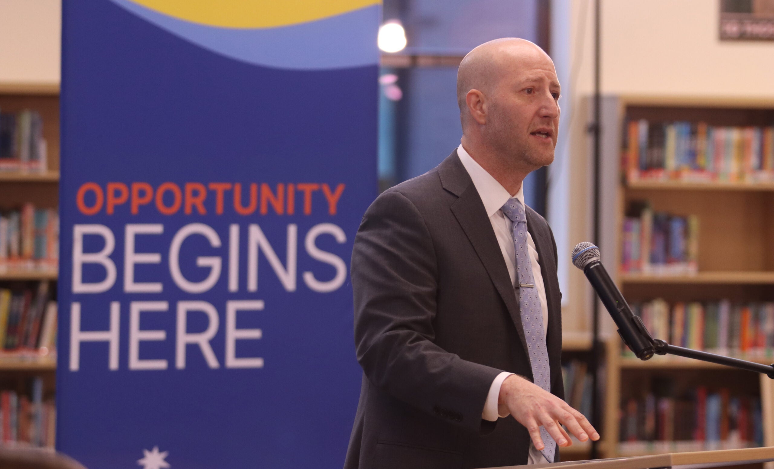 Seattle Public Schools Superintendent Ben Shuldiner speaks to media at Mercer International Middle School on February 2, 2026. On his first day as the district's new leader, Shuldiner spent the day meeting students and staff and raising the Pan-African flag in celebration of Black History Month.