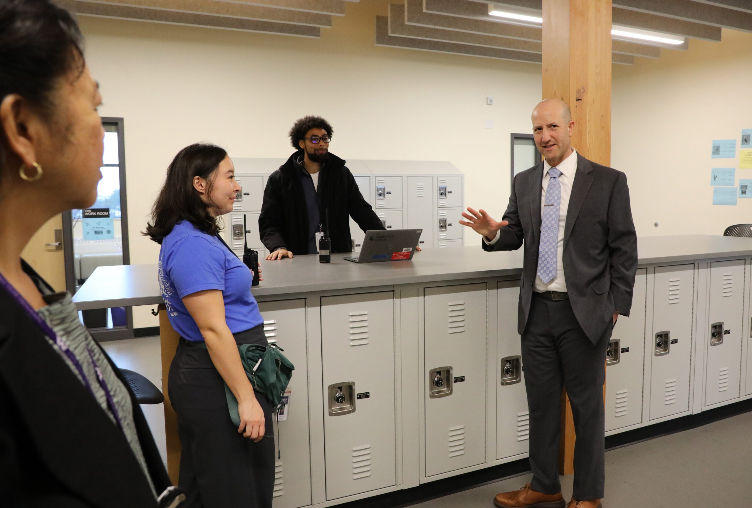 Seattle Public Schools Superintendent Ben Shuldiner meets with staff at Mercer International Middle School on February 2, 2026. In his first day as the district's new leader, Shuldiner visited with students and staff before leading the Black History Month flag raising celebration at the John Stanford Center.