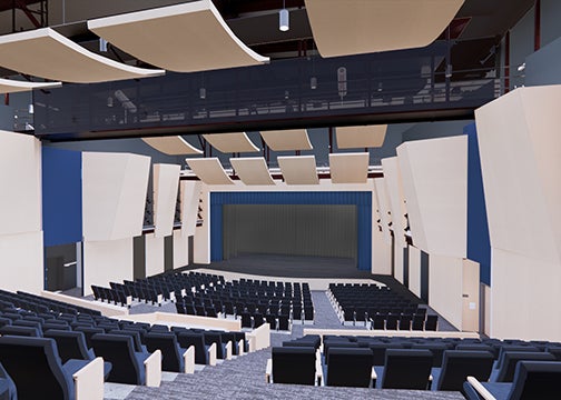 drawing of the interior of a theater with a stage and tiered seating